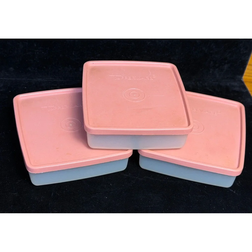 Vintage Tupperware Sandwich Keeper: Set 3 Pink Lids, Square Food Storage 670-31